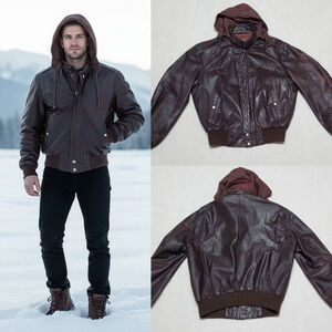 Vintage 1970s Christopher Street Hooded Distressed Brown Leather Bomber Jacket